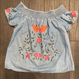 Francesca Floral Embroidered Women’s Chambray Top - Blue